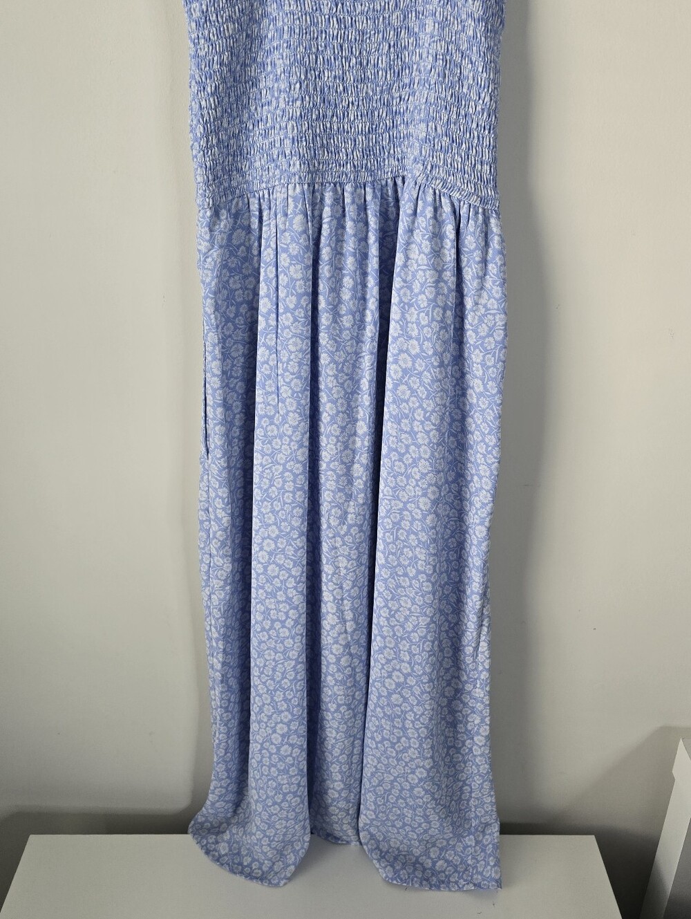 Abercrombie & Fitch Blue Floral Smocked Midi Dress S Side Slit Ruffles Pockets - Picture 7 of 16